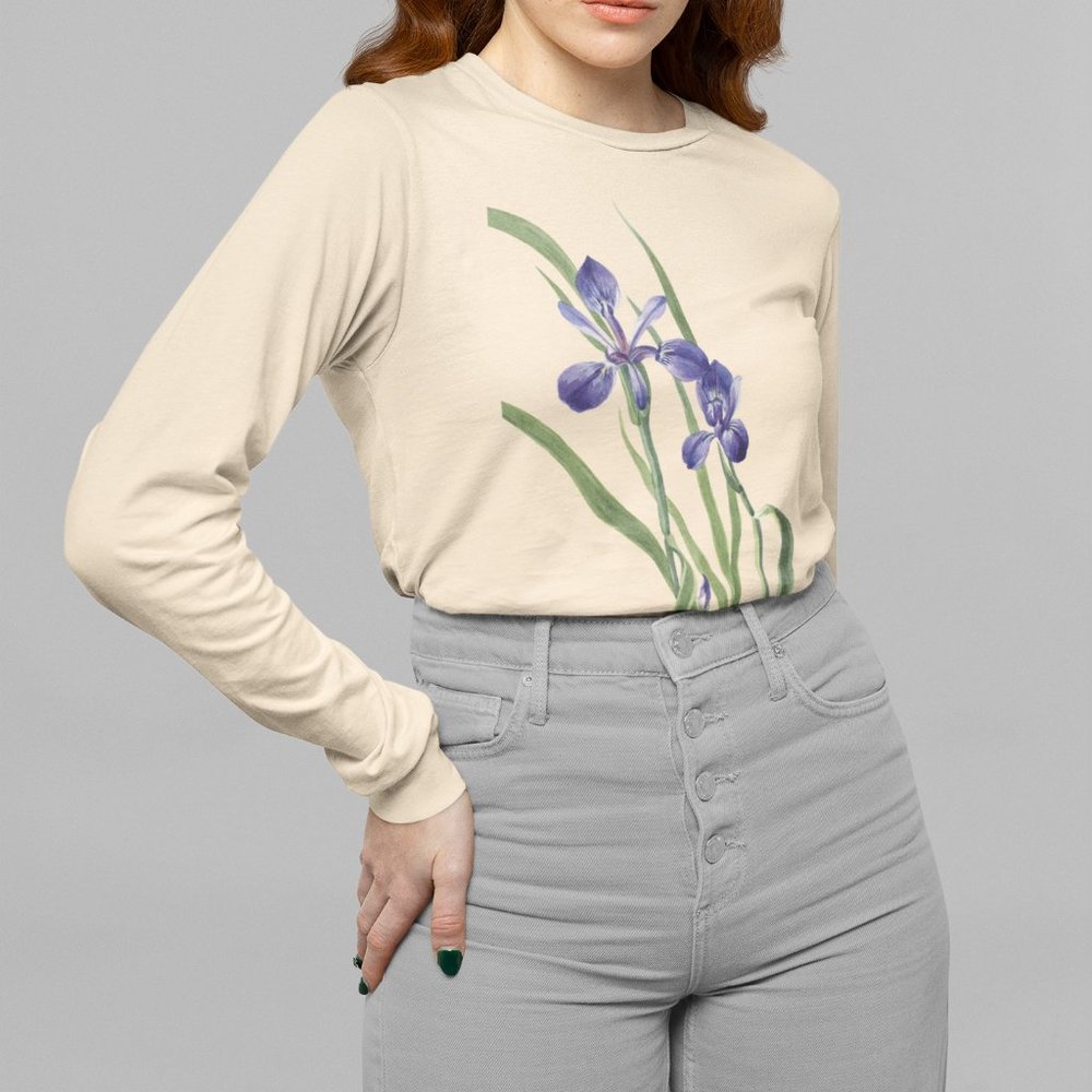 Blue Flag Purple Iris VTG Floral Print Long Sleeve Graphic Tee T-shirt S M L XL